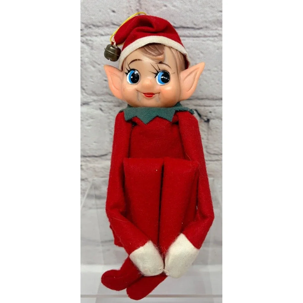 Vtg Knee Hugger Elf Large Pointy Ears 8” Japan Red Suit Blue Eyes